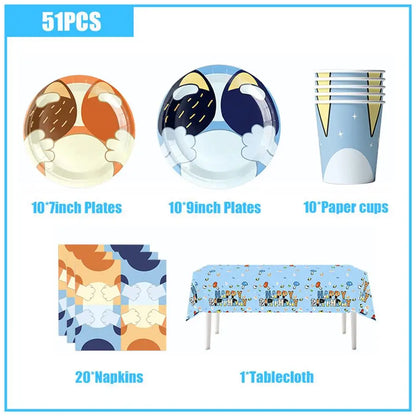 New Cartoon Dog Birthday Party Decoration Setup Boys Children Blue Dogs Party Favor Tableware Plate Napkin Cup Supplies Full Set