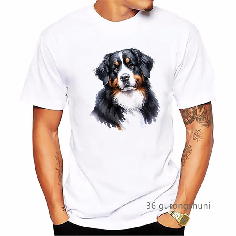 the BERNESE - Bernese Mountain Dog Animal Printed T-Shirt, Men's Clothing Funny White T-Shirt, Homme Summer Fashion T-Shirt