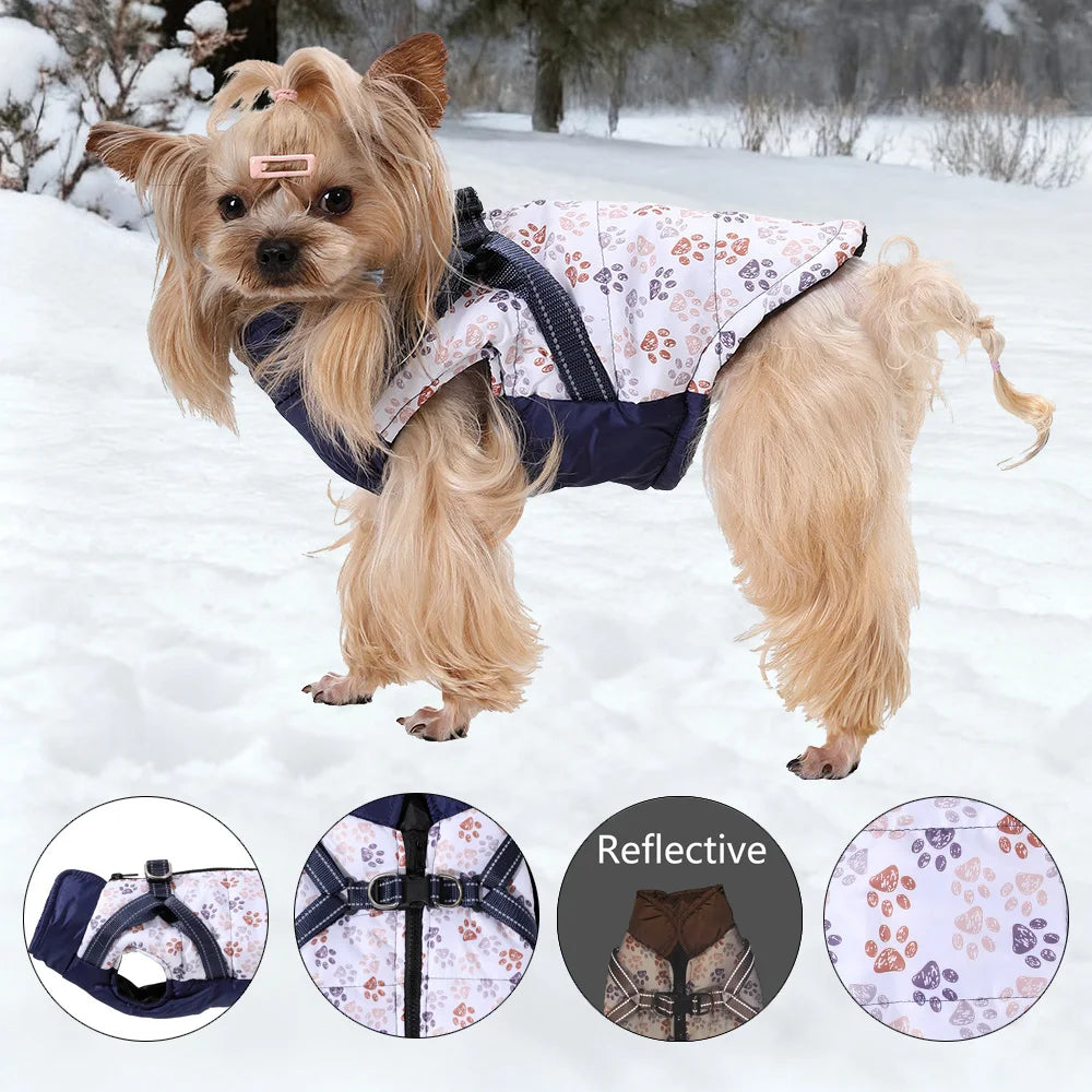 Winter Warm Pet Dog Coat For Small Medium Dogs Cat Jacket with Harness Puppy Foorprint Windproof Clothing French Bulldog Costume