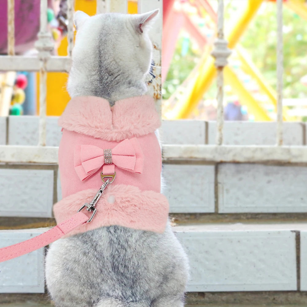 the SPARKLEPAW DIAMOND HARNESS - Warm Winter Dog Harness and Leash Set, Cute Bowknot Pet Fur Vest, Pets/Puppy Clothes Vest, Small Dog Clothing, French Bulldog