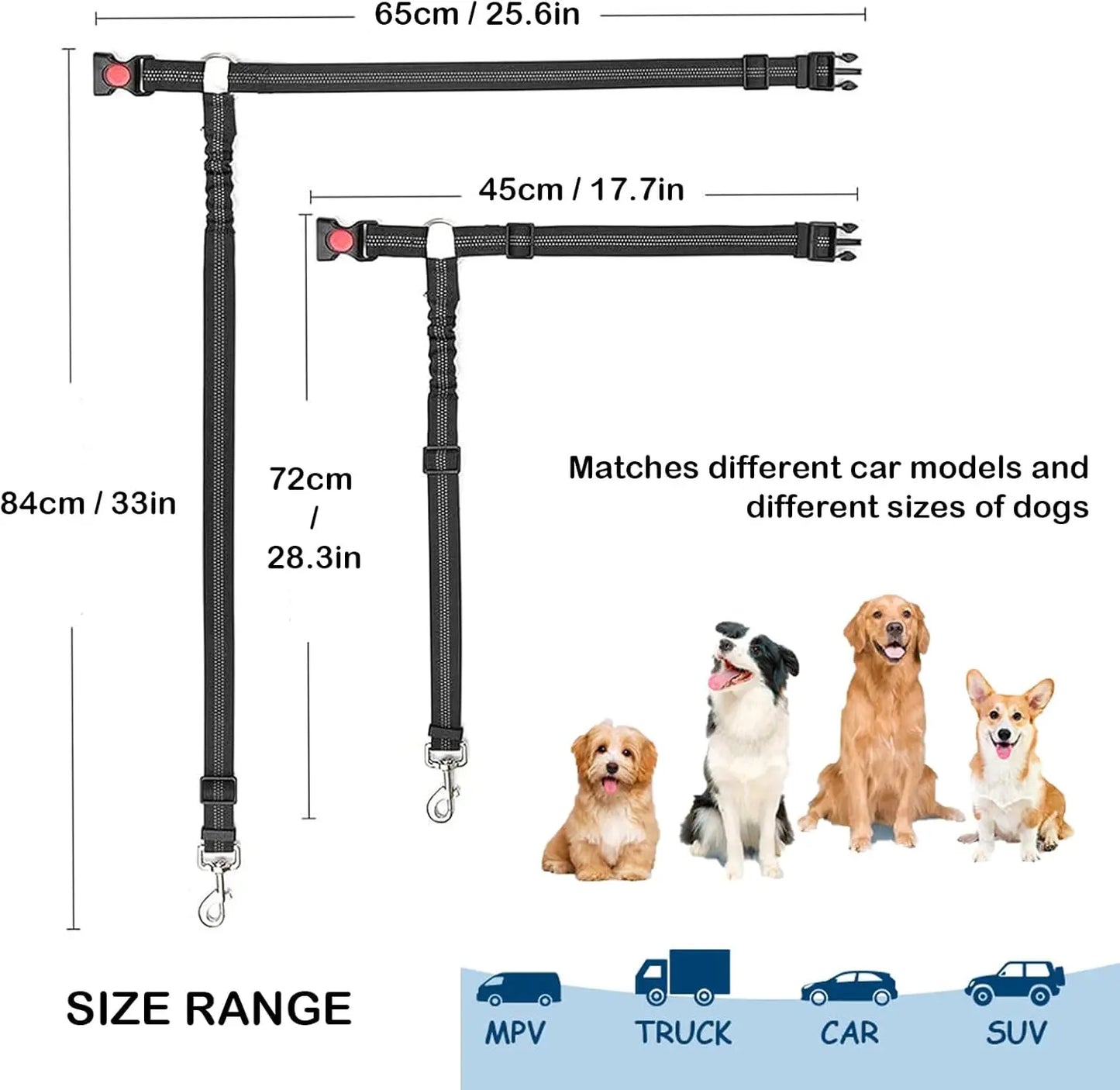 the DOGGY SEAT BELT - Dog Seat Belt Harness for Car, Restraint Adjustable with Elastic Bungee Buffer Headrest for Vehicle, 360° Swivel Carabiner Nylon