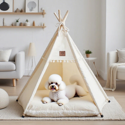 the BEIGE TEEPEE - Dog/Cat Teepee Pets Tent, Portable Dog Tent Bed with Plush Cushion, Soft Kennels Playhouse Removable and Washable Puppy Teepee