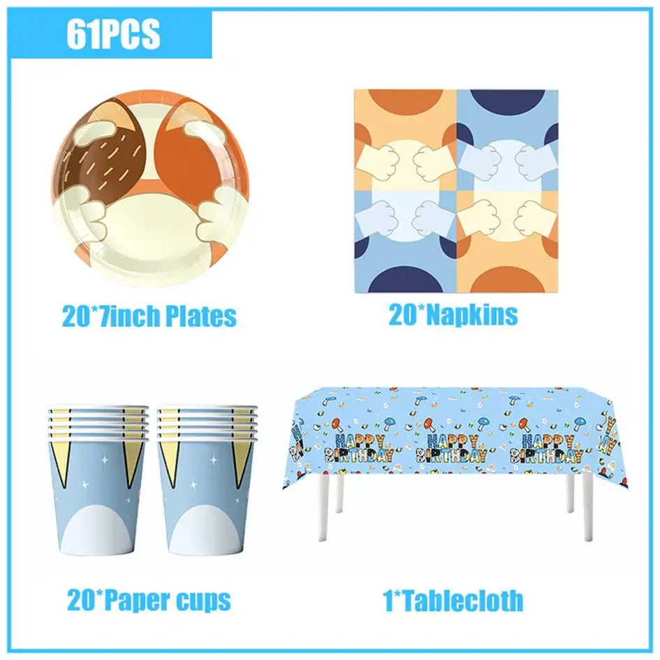 New Cartoon Dog Birthday Party Decoration Setup Boys Children Blue Dogs Party Favor Tableware Plate Napkin Cup Supplies Full Set