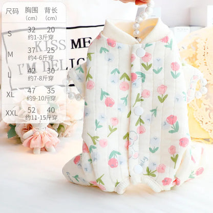 Dog Clothes Autumn and Winter Floral Double-layer To Protect The Belly Four Legged Small Dog Teddy Bear Pet Puppy Clothes