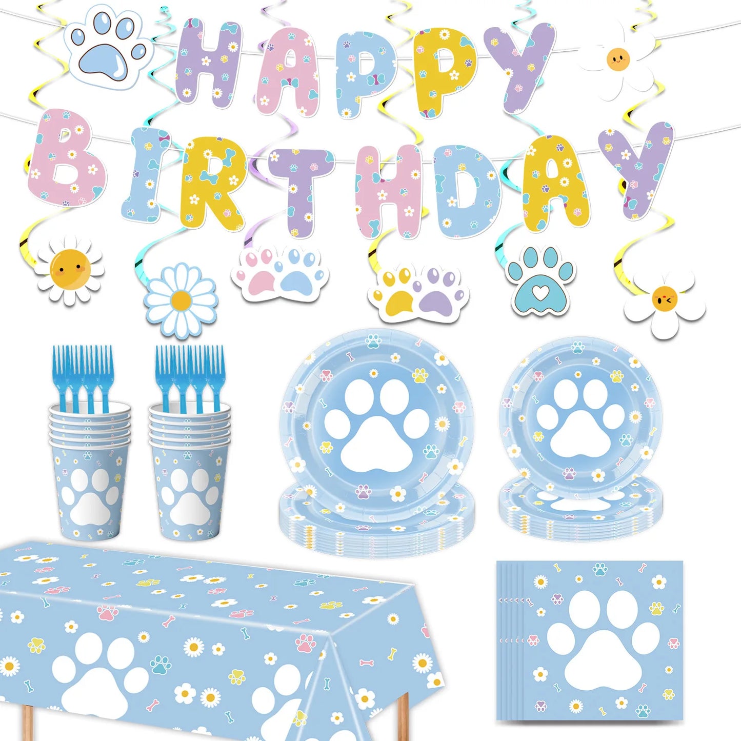 Dog Birthday Party Supplies Pink Blue Paw Paper Plates Napkins Cups Cute Puppy Theme Kids Birthday Baby Shower Party Table Decor