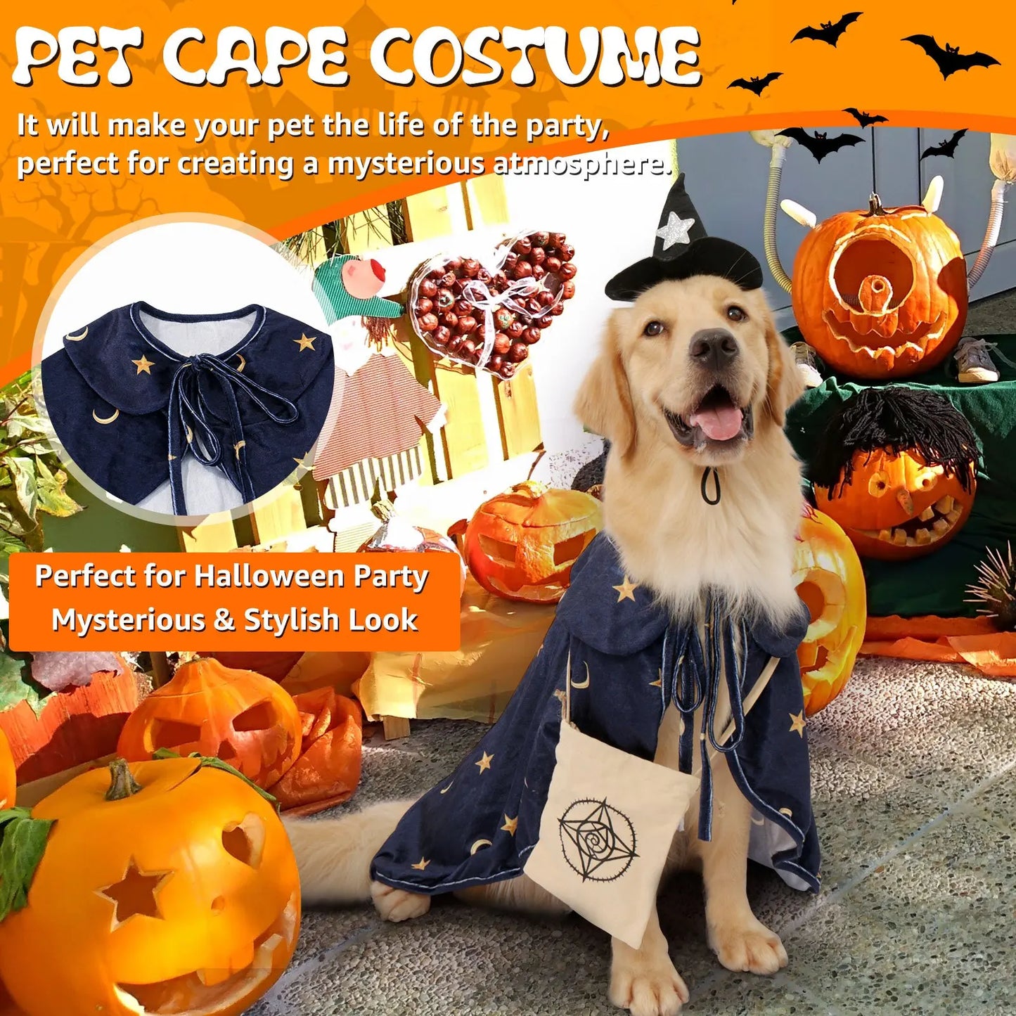 Deluxe Dog Halloween Outfit with Attached Treat Pocket Cape and Matching Hat for small middle Large Breeds