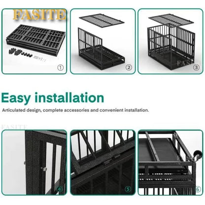 the IRON MAIDEN DOG CRATE - 48/38 Inch Heavy Duty Dog Crate, Cage Kennel with Wheels, High Anxiety Indestructible, Sturdy Locks Design, Door and Removable