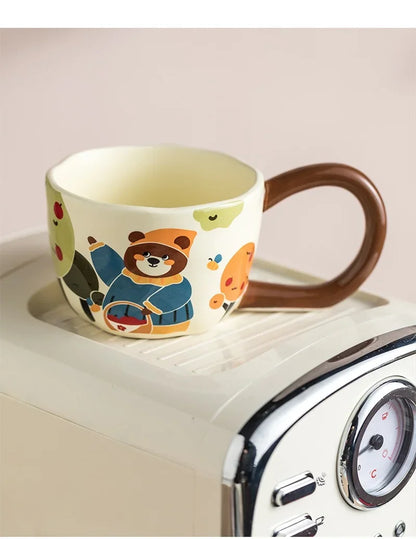 350ML Cartoon Hand Painted Bunny bear Coffee Cups Irregular Ceramic Mug Large Handle Home Office Milk Water Cup Kid's Gifts