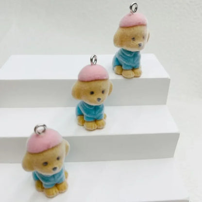 2Pcs 3D Flocking Cute Hat Dog Charms Cartoon Resin Pet Dog Pendant Earring Keychain Accessories For DIY Crafts Jewelry Make
