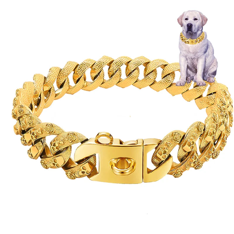 the ALPHALUX STEEL COLLAR - 32mm Gold Dog Collar - Stainless Steel Metal - Pet Choker Lead for Medium/Large Dogs, Pet Accessories, Labrador, Rottweiler
