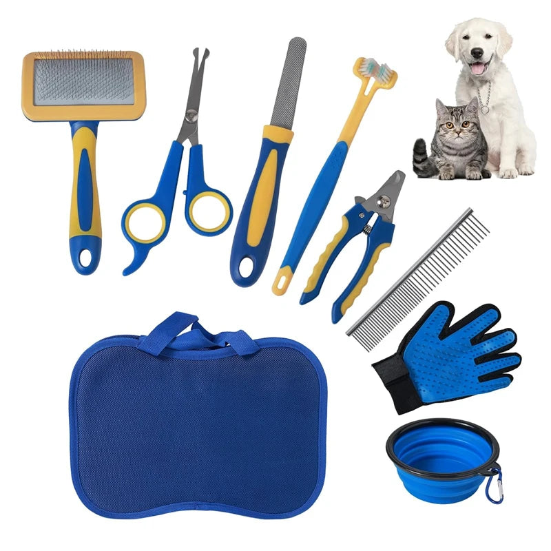 the GROOMING & BEAUTY KIT - 8PCS Complete Grooming Pet Brush Beauty Kit, Cleaning Brush Storage Bag, Dogs Nail Clipper - Flea Comb Cat Hair Removal Brush Kits