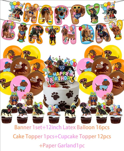 Cute Dachshund Theme Birthday Party Decorations Lovely Puppy Backdrop Cake Insert Banner Balloon Baby Shower Supplies Child Gift