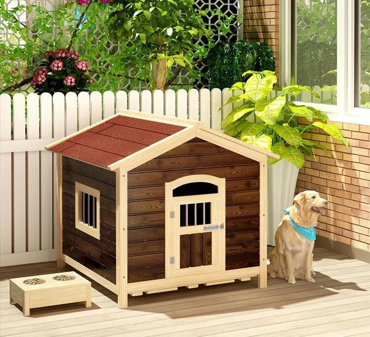 the DOGGY CABIN - Large Outdoor Wooden Dog Kennel with Sun Visor and Wooden Door, Weatherproof Pet House