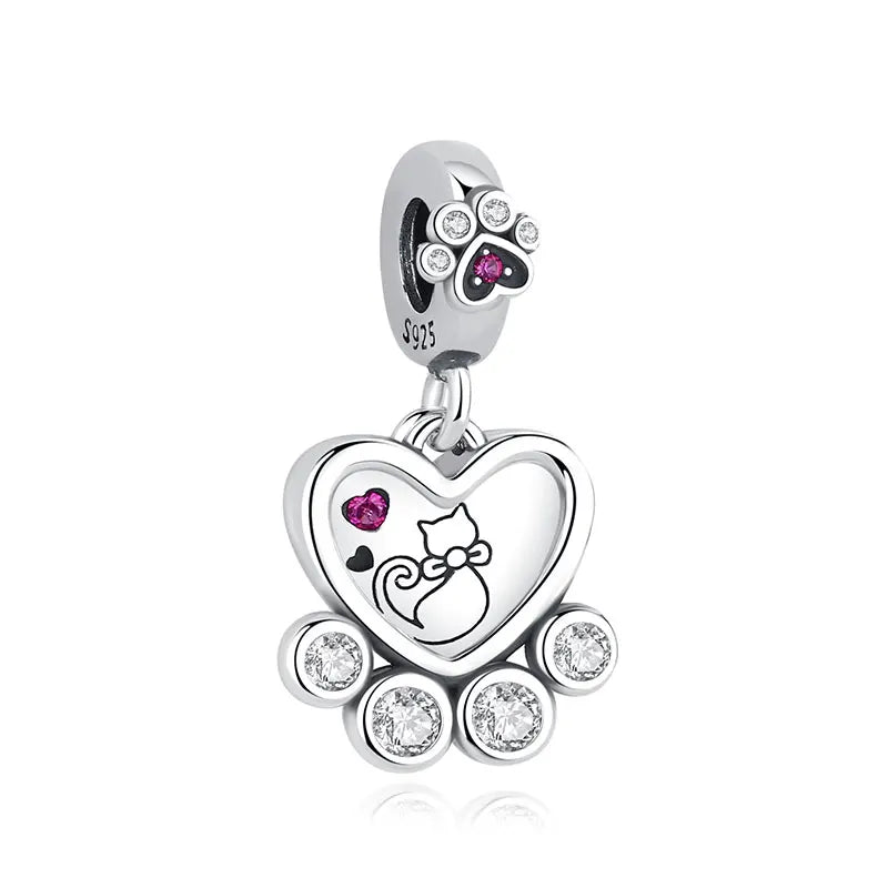 Original 925 Sterling Silver Charms Love Pets Dog Cat Paw Print Pendant Beads Fit Brand Bracelets Necklaces Women DIY Jewelry