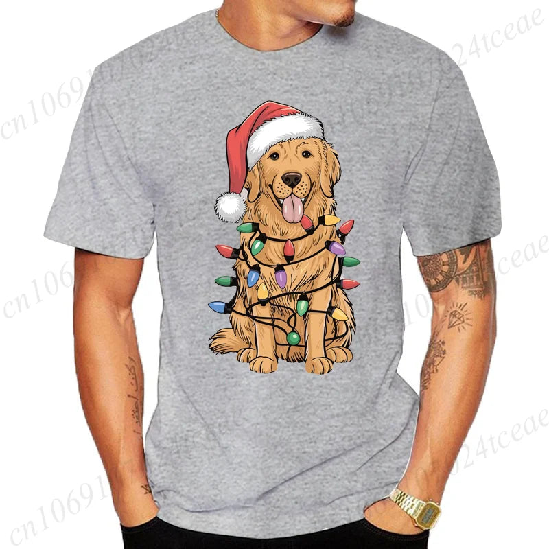 the GOLDEN CHRISTMAS - New Men's T-Shirts Christmas Golden Retriever Print T-Shirts, Round Neck Short Sleeve Casual T-Shirt, Happy New Year Dog Shirts