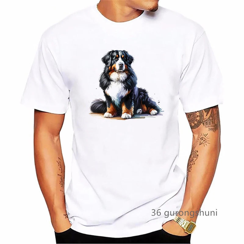 the BERNESE - Bernese Mountain Dog Animal Printed T-Shirt, Men's Clothing Funny White T-Shirt, Homme Summer Fashion T-Shirt