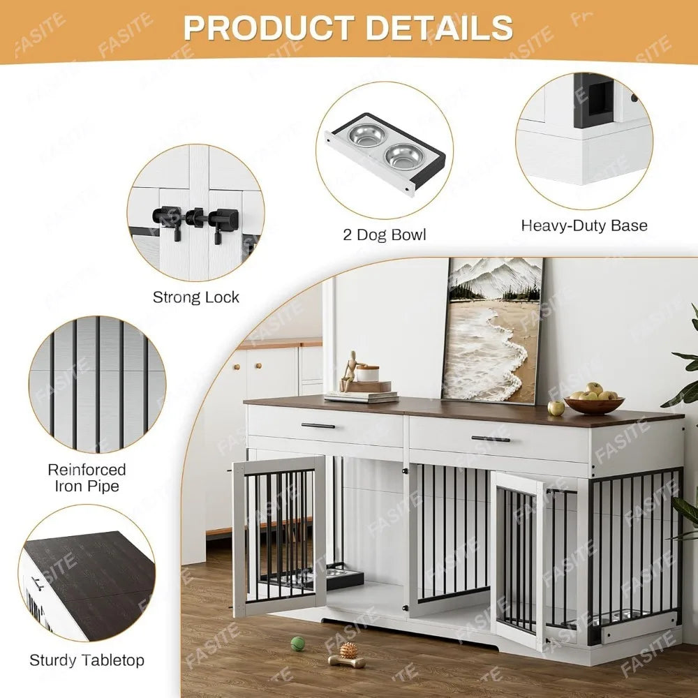 Dog Crate Furniture, 72.05 Inch Wooden Large Dogs Kennel with 2 Drawers & Dogs Bowls, Dog Cage  with Double Doorss & Divider