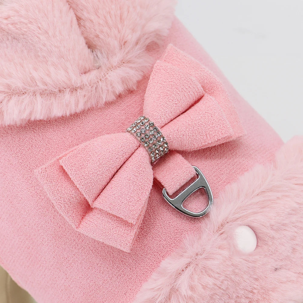 the SPARKLEPAW DIAMOND HARNESS - Warm Winter Dog Harness and Leash Set, Cute Bowknot Pet Fur Vest, Pets/Puppy Clothes Vest, Small Dog Clothing, French Bulldog