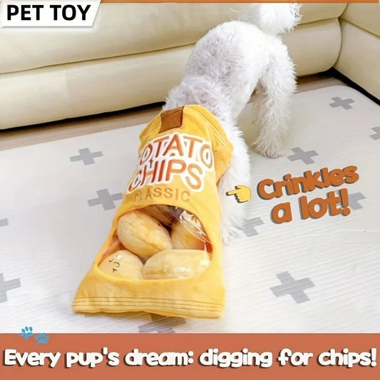 Plush potato chip bag dog toy - Medium sized interactive sniffing and chewing toy for dogs - Durable