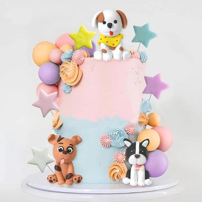 Dog Cake Topper Clay Figurines-Star&Ball Design with Paw Prints for Dog Birthday&Baby Shower,Yellow/Pink/Purple Pet Party Decor