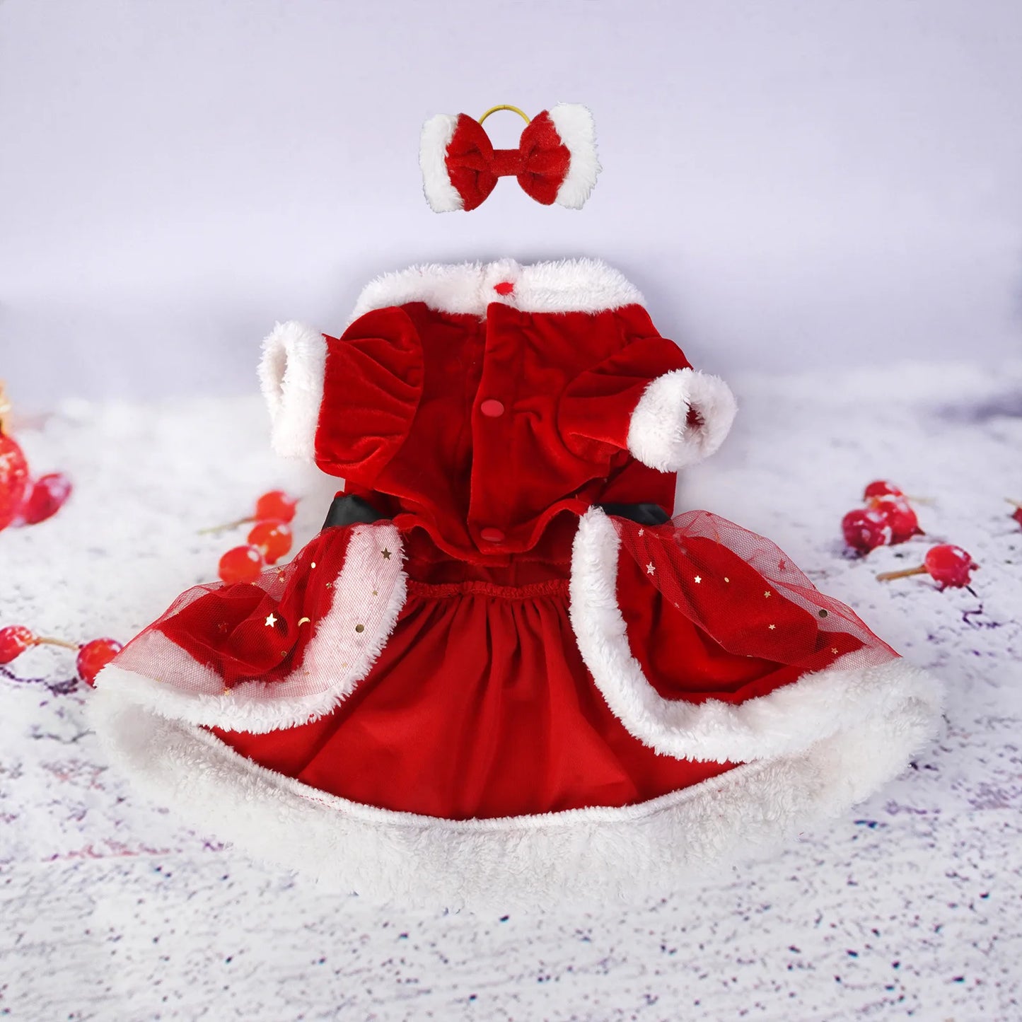 the CHRISTMAS BELLE DRESS - Christmas Red Mesh Dog Dress with Bow Headpiece, Festive Outfit for Small & Medium Dogs