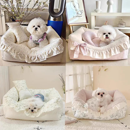 Pet House Bed Cats Small Dog Sofa Cat Nest Rural Style Pure Cotton with Lotus Leaf Edges Detachable and Washable Pet Supplies