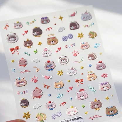 Graffiti Cat Claw Rabbit Bunny Bear Dog Flower Lovely Animal Fruit Dim Sum Candy Sunflower Adhesive 5D Nail Art Stickers Decal