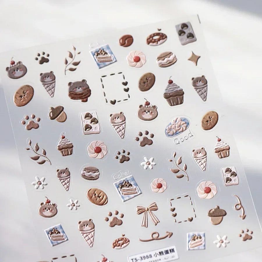 Graffiti Cat Claw Rabbit Bunny Bear Dog Flower Lovely Animal Fruit Dim Sum Candy Sunflower Adhesive 5D Nail Art Stickers Decal