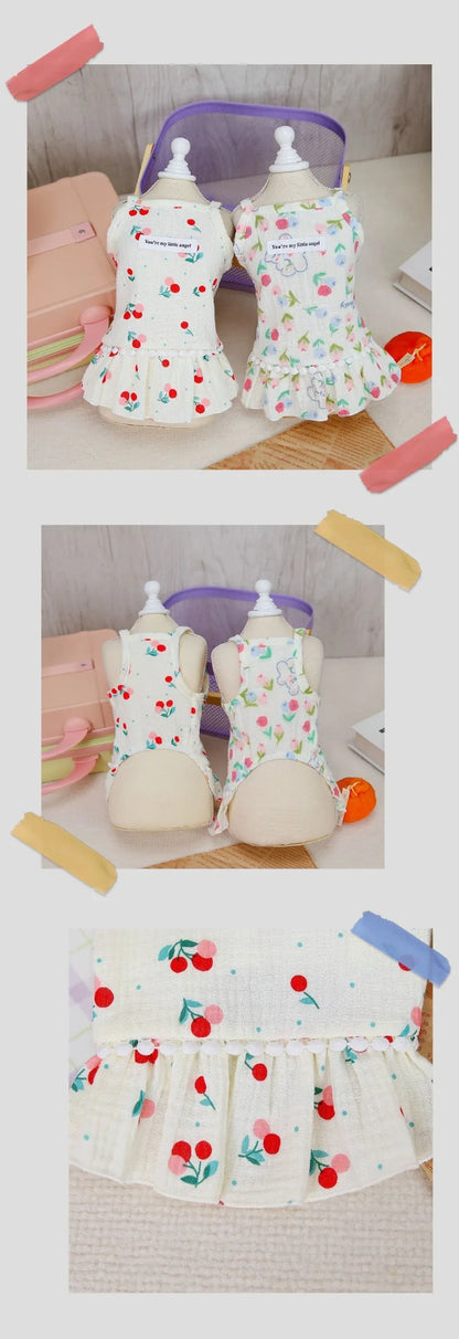 Cotton INS Cherry Pet Puppy Skirt Dog Clothes Small Dog Pomeranian Dresses Teddy Summer Floral Suspender Skirt Puppy Clothing