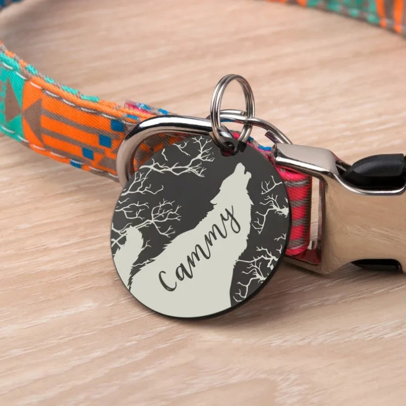 the LONEPAW WOODLAND ID - Custom Wolf and Tree Pet ID Tag, Personalized Free Engraved Keychain for Cat/Puppy/Dog Tag, Pendant Keyring Round Pet Accessories