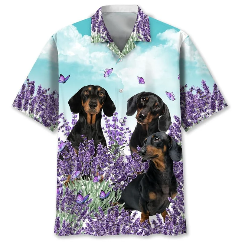 the DACHSHUND DOG DAY - Cartoon Dachshund Dog 3D Printed Shirt for Men, Animal Pets Graphics Short Sleeves Hawaiian Shirts, Tops Loose Lapel Blouse