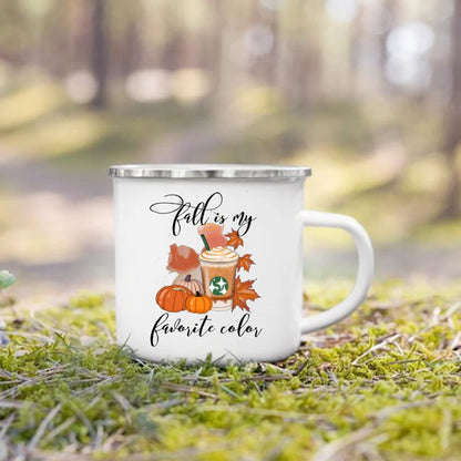 Pumpkin Leaves Dog Cat Printed Enamel Mugs Coffee Cups Fall Thanksgiving Party Wine Juice Mug Handle Cup Autumn Holiday Gifts