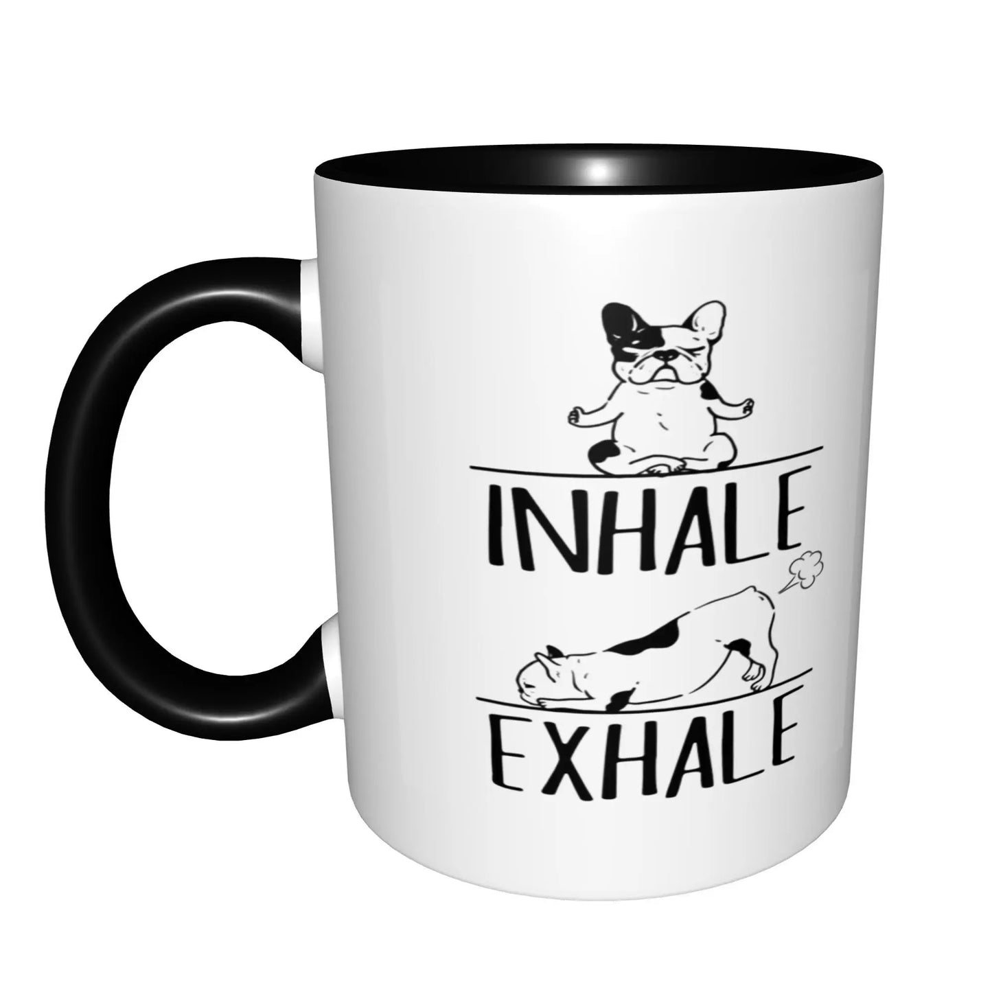 French Bulldog Frenchie Mom Dad Yoga Meditation Inhale ExHale Mugs With Black Handle Birthday Coffee Mugs Ceramic Tea Cups 11oz