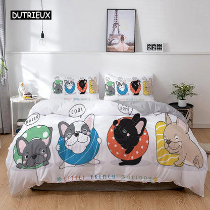 the PRINTED PET DUVET - 3D Dog Bedding Set, Cute French Bulldog Puppy Duvet Cover Sets, Cartoon Bed Cover, Pet Animals Home Textiles, Queen 2/3Pcs King Full