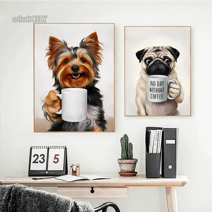 Funny Wall Art Pictures Animal Coffee Portrait Posters Canvas Print Art Sloth Pug Dog and Coffee Mural Cute Home Decor Painting