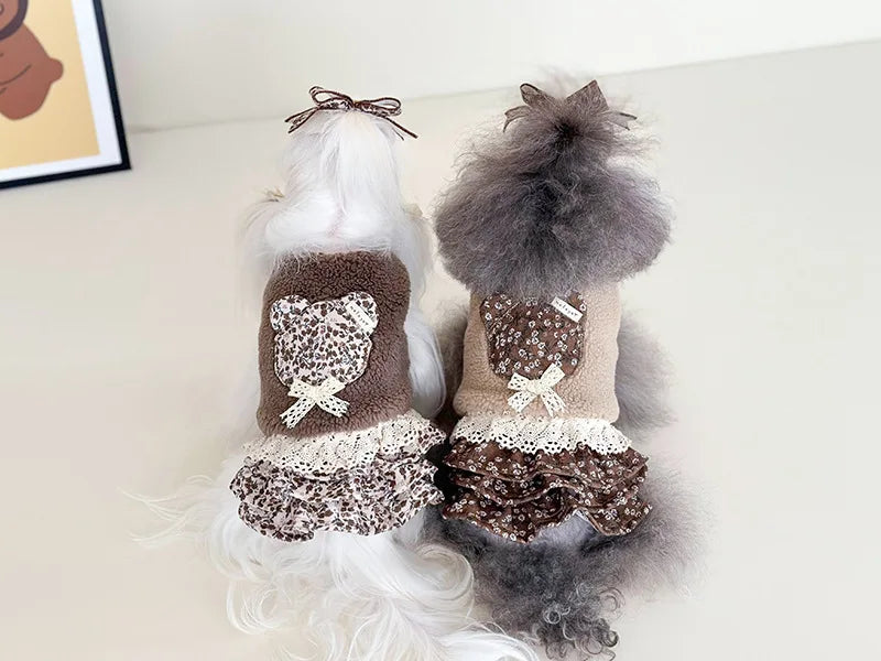 Pet Flower Plush Coat Dog Flower Cake Skirt Cute Dog Plush Hat Dog Clothes Winter Bear Flower Plush Thick Vest Coat Bottom Skirt