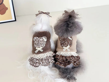 Pet Flower Plush Coat Dog Flower Cake Skirt Cute Dog Plush Hat Dog Clothes Winter Bear Flower Plush Thick Vest Coat Bottom Skirt