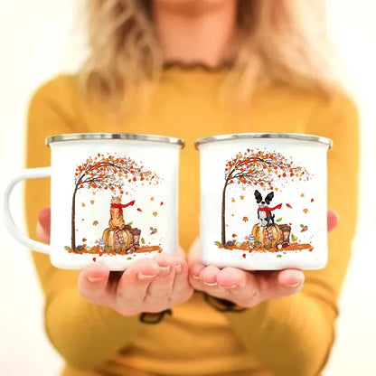 Pumpkin Leaves Dog Cat Printed Enamel Mugs Coffee Cups Fall Thanksgiving Party Wine Juice Mug Handle Cup Autumn Holiday Gifts
