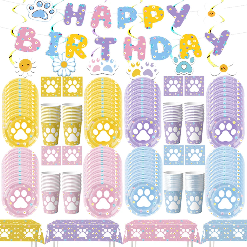 Dog Birthday Party Supplies Pink Blue Paw Paper Plates Napkins Cups Cute Puppy Theme Kids Birthday Baby Shower Party Table Decor