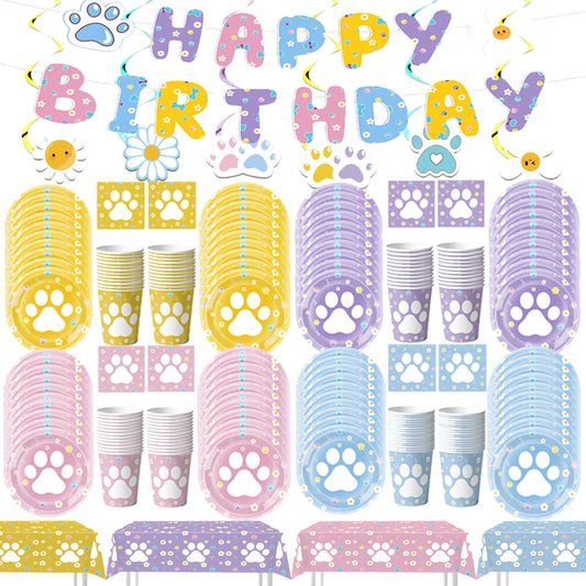 Dog Birthday Party Supplies Pink Blue Paw Paper Plates Napkins Cups Cute Puppy Theme Kids Birthday Baby Shower Party Table Decor