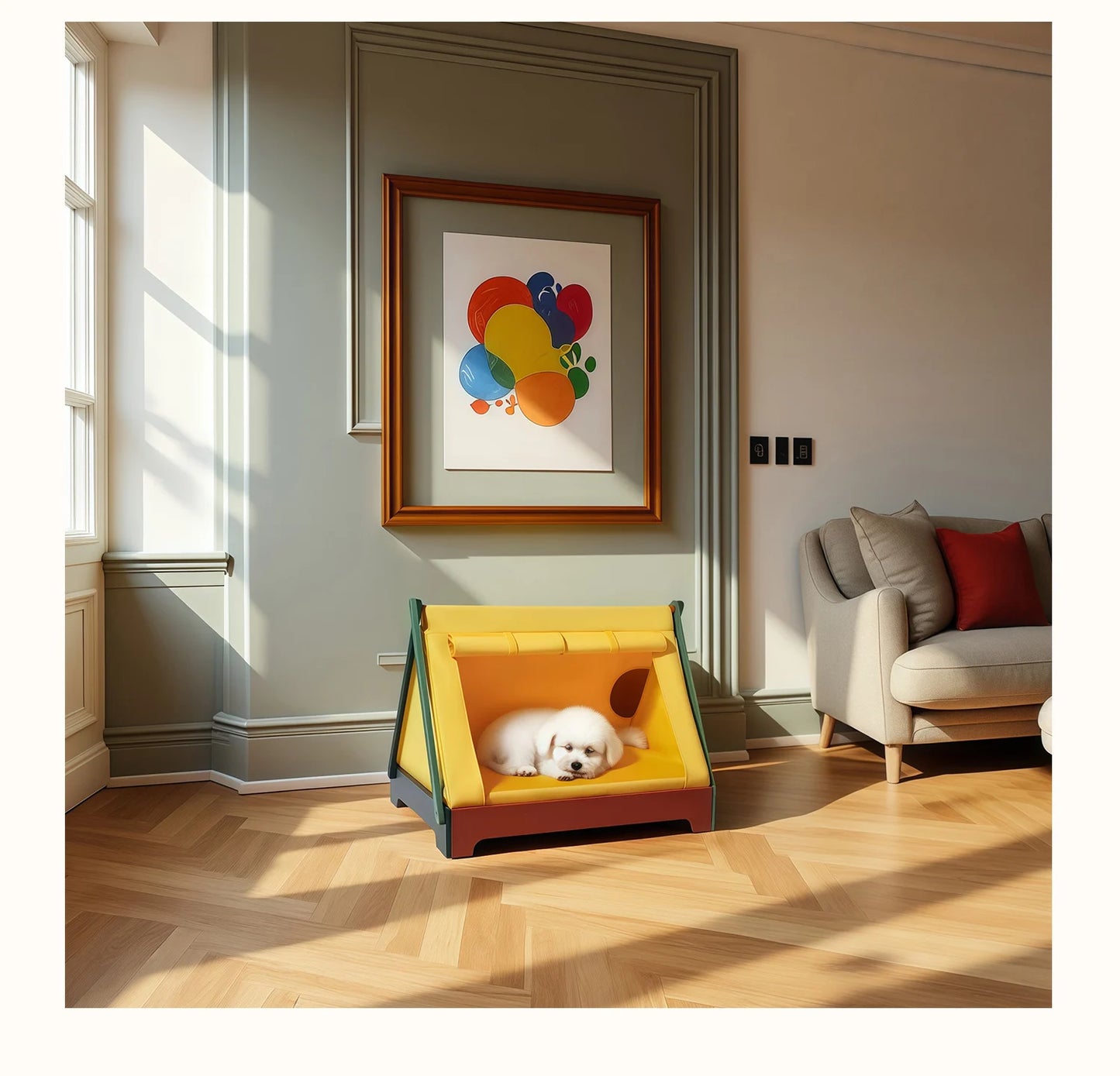 Wooden Pet Tent House - Washable Dog Bed for Small Dogs, Cat House with Removable Cover, Cozy Pet Tent for Indoor/Outdoor Use