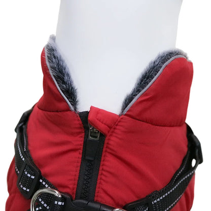 Waterproof Dog Clothes with Harness for Medium Large Dog Winter Warm Fur Collar Pet Dog Jacket Reflective French Bulldog Costume