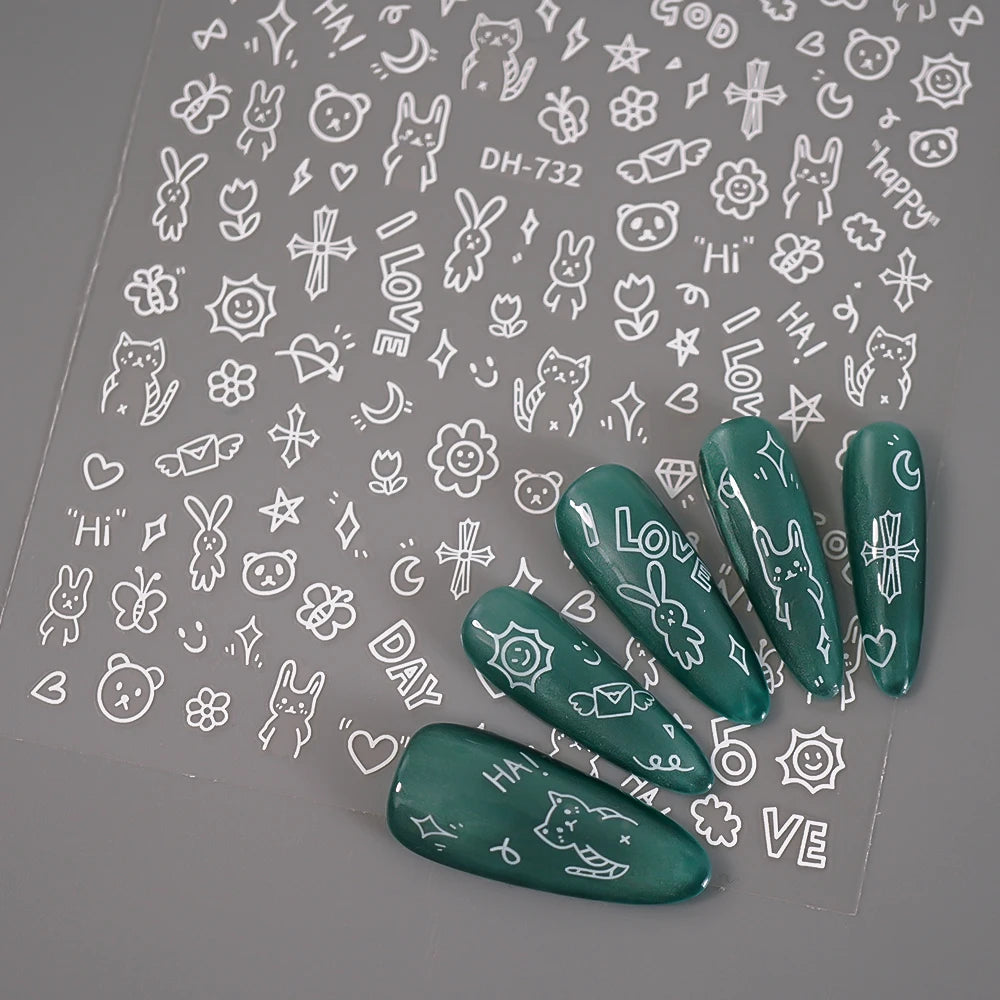 3D Flat Cute Cartoon Nail Stickers Doodle Cat Dog Heart Star Flower Nail Art Stickers Women DIY Manicure Decoration Decals