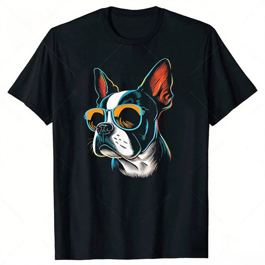 the BOSTON TERRIER - Funny Dad/Mom Cool Dog Sunglasses Boston Terrier T-Shirts, Summer Loose Cotton Streetwear Short Sleeve Birthday Gifts T-Shirt