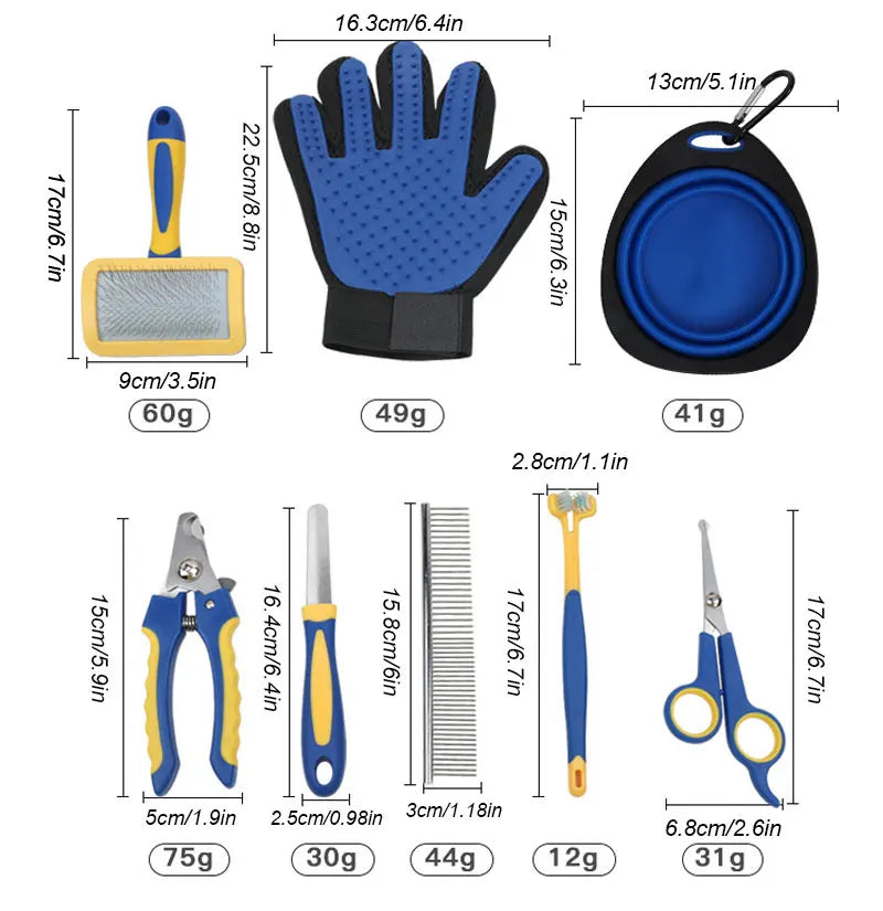 the GROOMING & BEAUTY KIT - 8PCS Complete Grooming Pet Brush Beauty Kit, Cleaning Brush Storage Bag, Dogs Nail Clipper - Flea Comb Cat Hair Removal Brush Kits