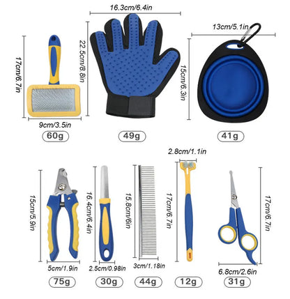 the GROOMING & BEAUTY KIT - 8PCS Complete Grooming Pet Brush Beauty Kit, Cleaning Brush Storage Bag, Dogs Nail Clipper - Flea Comb Cat Hair Removal Brush Kits