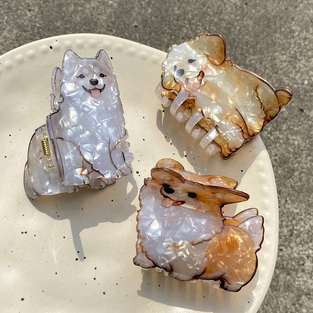 Cute Cartoon Acrylic Corgi Chihuahua Dog Printed Hair Clip Claw For Women Girls New Geometric Hairpin Hair Accessories Tool