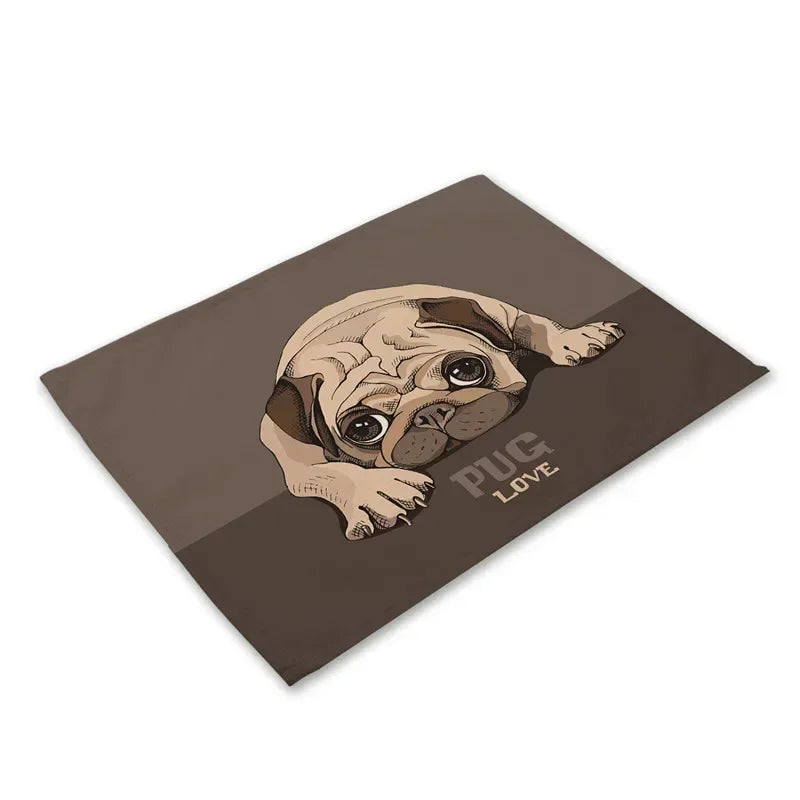 Pug Dog Pattern Cotton Linen Pad Dining Table Mats Coaster Bowl Cup Mat Pattern Kitchen Placemat 40*30cm Home Decor