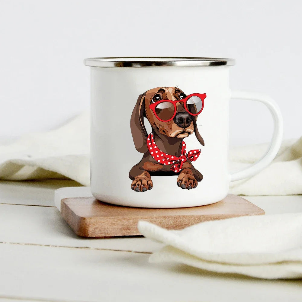 Peace Love Dogs Print Creative Enamel Coffee Mugs Cartoon Dachshunds Dog Paw Party Beer Juice Milk Cups Friend Birthday Gifts