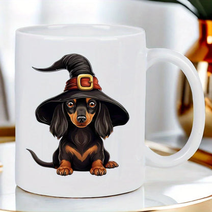 Cute Witch Hat Dachshund Ceramic Mug - Halloween-Themed Coffee Cup with Red & Black Hat, Perfect Gift for Dog Lovers, Hand Wash